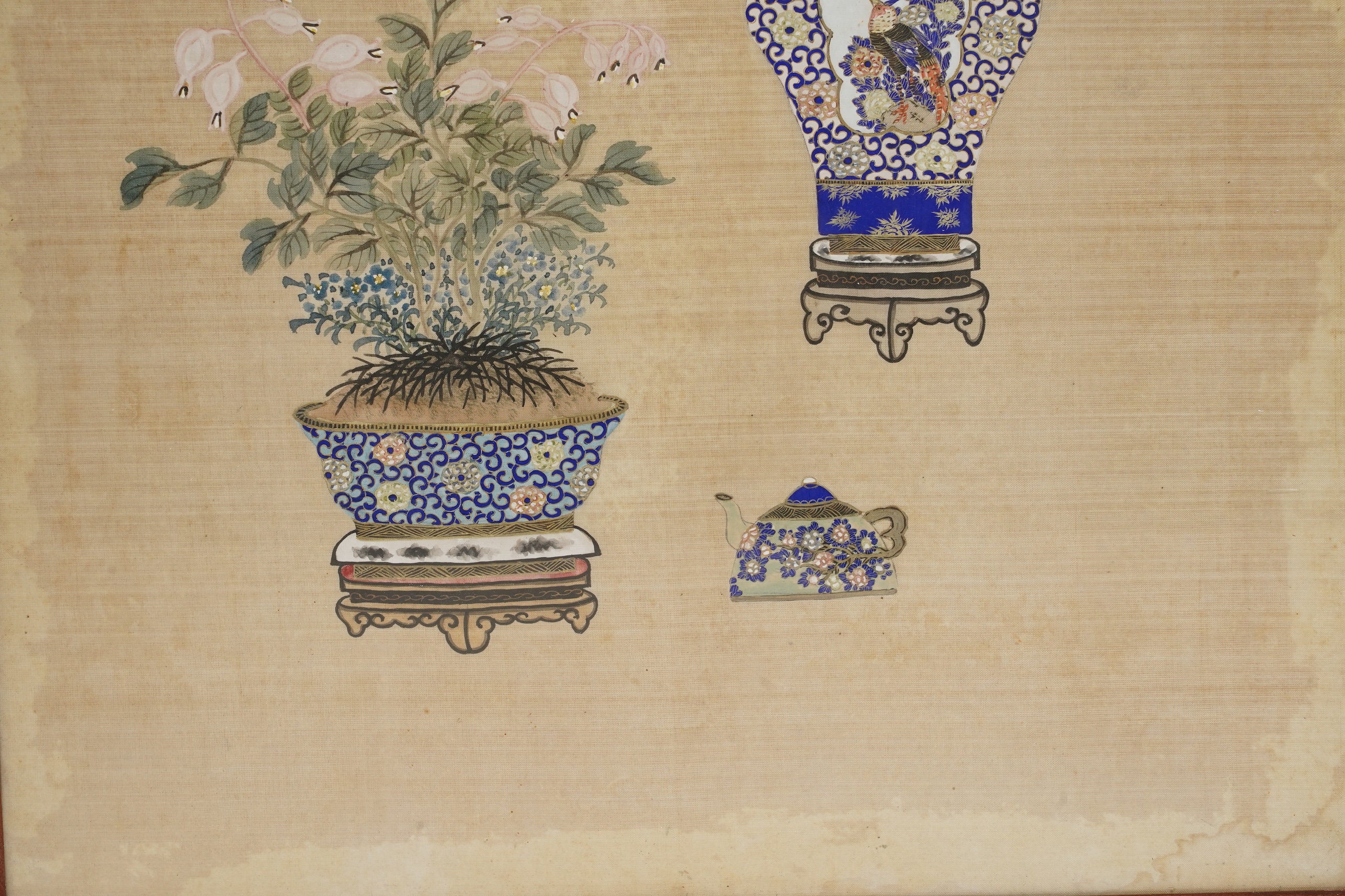 Chinese School , (Early 20th century), Antique vessels and flowers, Ink and colour on silk, 57cm x 36cm